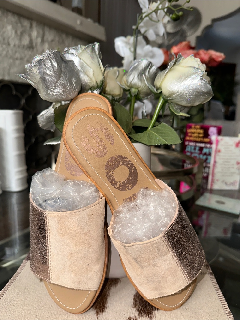 Sorel Ella Block Slide Metallic Suede Sandals